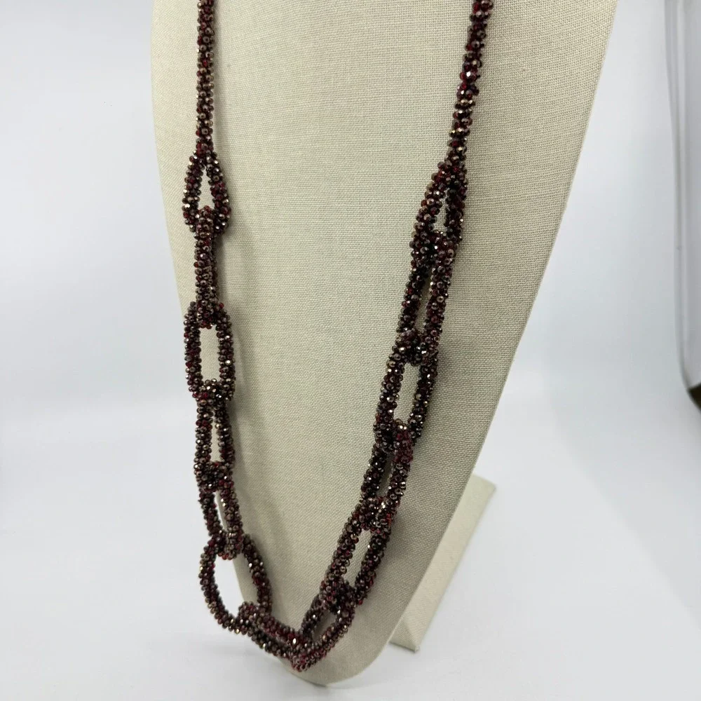 Red Bronze Tone Faceted Bead Woven Chain Link Long Necklace Statement Jewelry